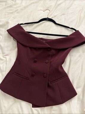 Meshki Off-Shoulder Double-Breasted Top in Burgundy